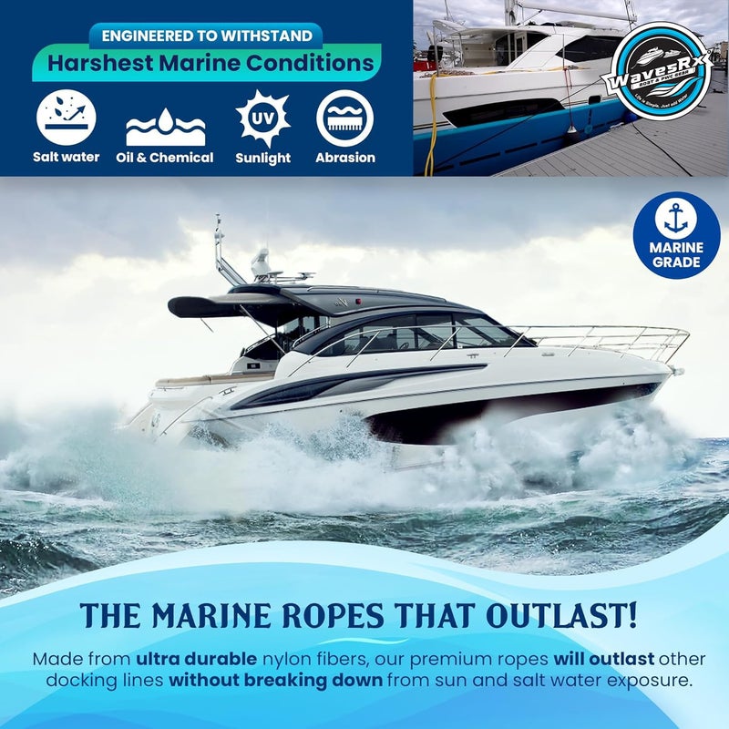 WAVESRX Premium Nylon Boat Dock Lines & Ropes for Docking & Pontoon | Double Braided Marine Rope | Boat Ropes for Docking with Loop | UV & Saltwater Resistant Dock Rope (Deep Sea Blue, 1/2â€ x 20â€™) - Image 3